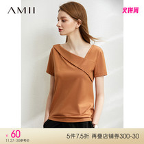 Amii's new design sensor white short-sleeved T-shirt female slanting V collarbone caution machine leisure top tide