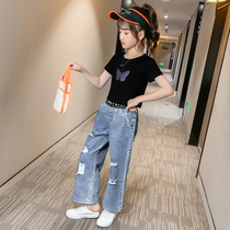 Girls  summer clothes Foreign style suit 2020 summer Korean version of the middle and large childrens fashionable short-sleeved denim wide-leg pants two-piece set