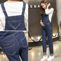 Pregnant women denim conjoined pants Spring and Autumn Winter large size maternity loose casual Korean version plus velvet trousers wear tide