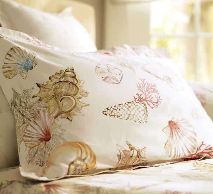 美式乡村海洋风 海螺贝壳 全棉四件套 60支贡缎纯棉印花床上用品