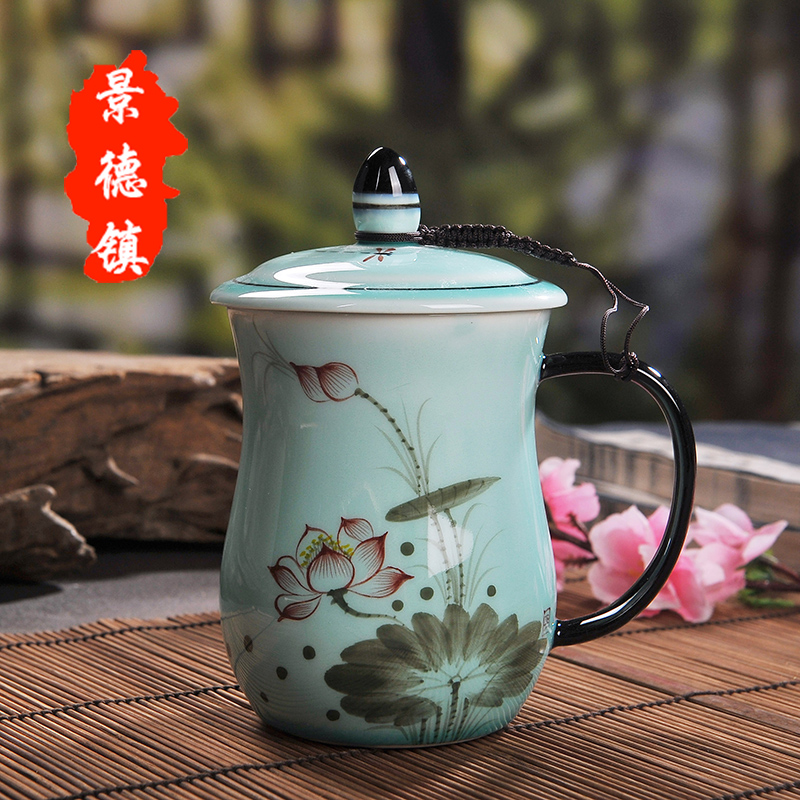 Jingdezhen ceramic cup with cover hand - made teacup home office and meeting the personal mark water in a cup gift set