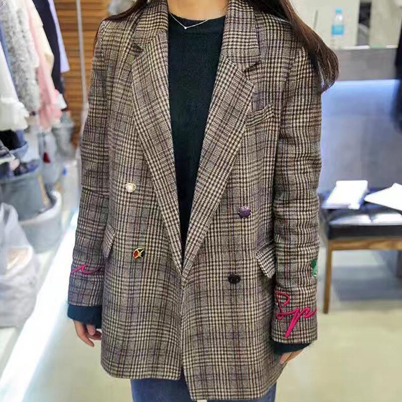 秋装韩版千鸟格刺绣中长款宽松复古毛呢chic格子西装外套女春休闲 秋装韩版千鸟格刺绣中长款宽松复古毛呢chic格子西装外套女春休闲