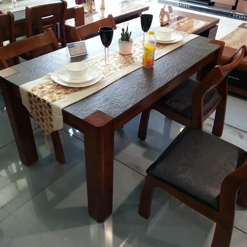 成都深山家具-长方形高档现代宜家火烧石餐桌-全实木框架工厂直销