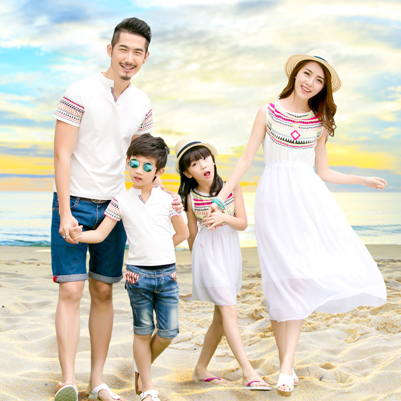 Parent-Child clothing summer clothes 2021 New Tide a family of three four mother and son women dress foreign style beach T-shirt