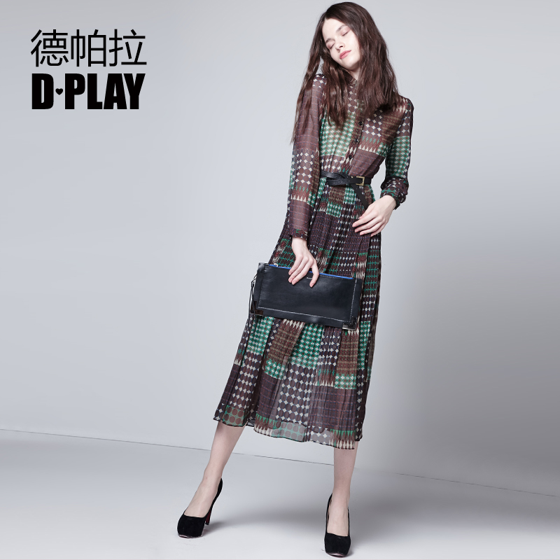 D－PLAY秋冬款欧美墨绿格纹长袖衬衫长裙复古印花气质雪纺连衣裙产品展示图2