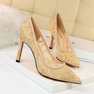 1689-1 the European and American wind fashion party marriage shoes high heel shoes with shallow pointed mouth mesh flowe