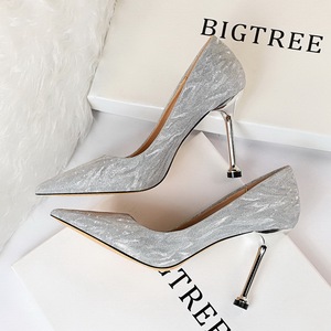 0755-6 European and American wind fashion bridesmaid wedding shoe heels shoes high heel with shallow mouth pointed sequi