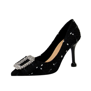 The 278-10 han edition of wool cloth light mouth pointed high-heeled metal diamond buckle sweet bowknot single shoe heel