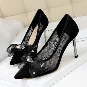 3389 han edition with high-heeled shoes with thin metal shallow pointed mouth mesh hollow-out lace bowknot diamond singl