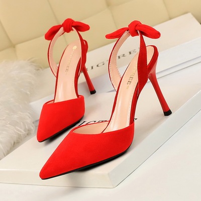 2136-3 han edition fashion with high with fine suede shallow mouth pointed hollow out after small bowknot female strappy