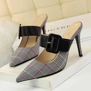 955-2 the European and American wind high shoes baotou drag with shallow mouth pointed denim color matching belt buckle 