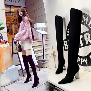 3128-6 European and American fashion metal with thick with sexy high-heeled suede tines nightclub show thin pedicure kne