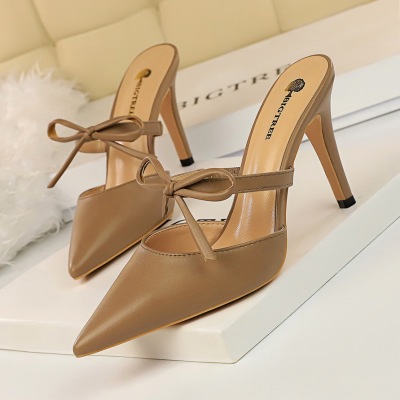 1222-1 high retro baotou drag with shallow mouth pointed hollow out a word with small bowknot daily women slippers