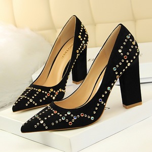 5239-11 European and American wind high heels thick with tall with suede shallow mouth pointed sexy show thin color diam