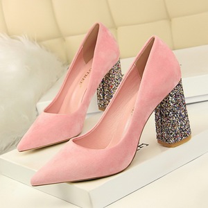 828-28 with suede high heels for women’s shoes in Europe and America sequins thick with shallow pointed mouth show thin