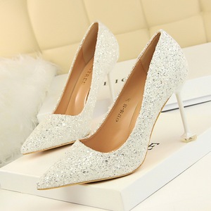 1716-18 European and American wind high-heeled shoes high heel with shallow pointed mouth shining sequins sexy show thin