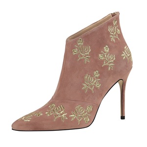 126-13 European and American wind female boots fine with high heels suede color matching embroider line flower show thin