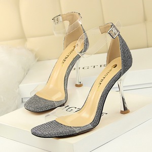 127-2 han edition fashion metal and glass with high with shiny lag peep-toe hollow transparent one word with sandals
