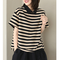 Xiao said to bring your own senior sense of the cold and the Han version loosensThe slim flip-collar striped shirt woman short sleeve summer new