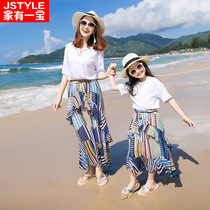 Parenting Mother Womens Clothing Seaside Holiday Summer Clothing Fashion White T-shirt Bohemian High Waisted Skirt Beach Long Skirt Suit