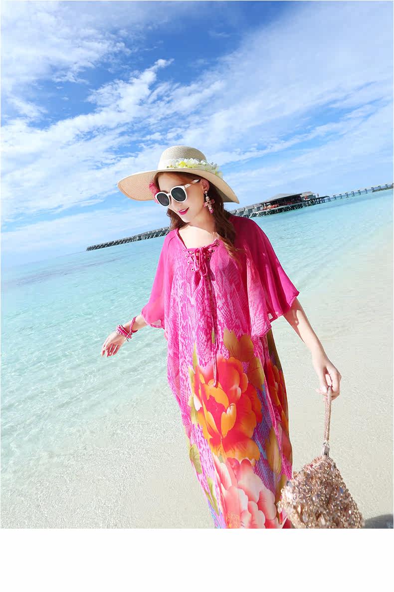 沙滩宠儿海边印花胖mm沙滩裙波西米亚度假长裙宽松开叉大码裙子