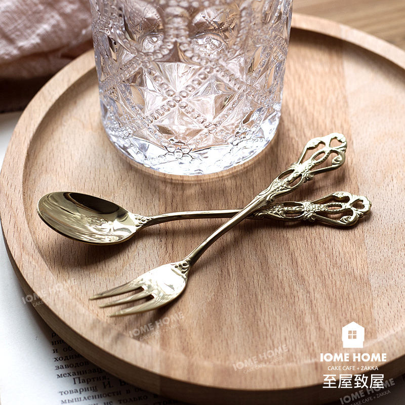 Zhi Ya Vintage embossed gold plated 304 stainless steel coffee spoon dessert fork Japanese Mori miscellaneous goods cute stirring spoon