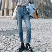 Flower Ji blue high waist straight jeans skinny pants women 2021 New Spring slim high K851