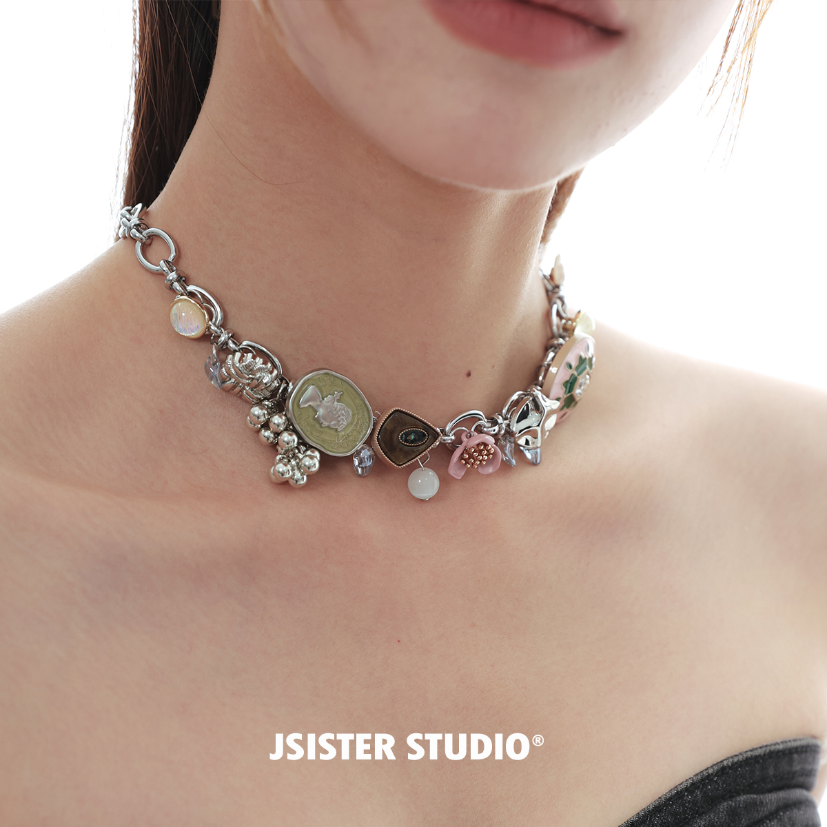 JSISTER春熙系列纽扣元素重工复古朋克风小众设计钛钢项链 颈链
