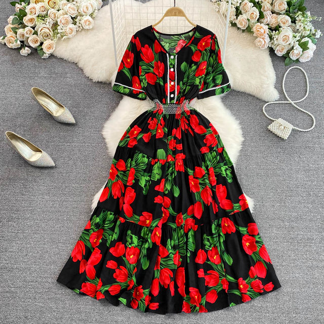 Bohemian retro temperament ethnic style V-neck waist slimming printed a-line dress seaside holiday long skirt Bohemian retro temperament ethnic style V-neck waist slimming printed a-line dress seaside holiday long skirt