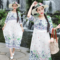 2021 summer national style printed cotton silk dress female art retro loose size womens fashion slim long skirt