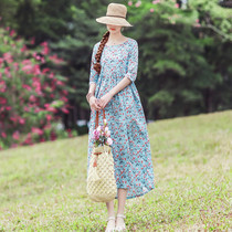 Ethnic womens 2021 summer new vintage size round neck cotton linen dress loose slim long dress
