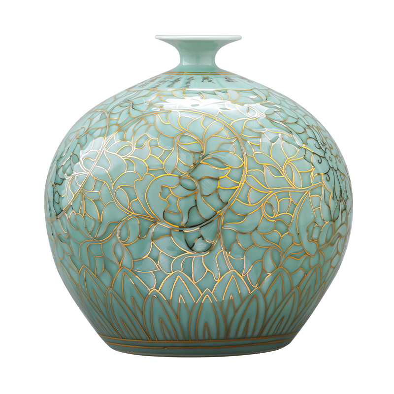 Jingdezhen ceramics green light glaze vase hand - made paint pomegranate bottles of Chinese key-2 luxury home sitting room adornment is placed