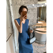 ADA MISS spring 2021 new item base v-neck mid-length temperament slim knitted sundress long dress female blue