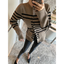 ADA MISS autumn and winter wear new wide sleeve waist long slim thick wool striped sweater cardigan women