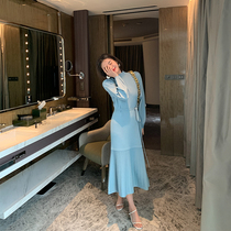 ADA MISS Winter new semi-high collar long heavy industry knitted dress womens waist a-shaped annual dress long skirt