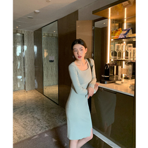 ADA MISS spring summer 2021 new slim sexy medium-long square collar base knitted dress short skirt female