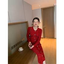 ADA MISS small fragrant flash Diamond petal buckle temperament red long slim knit dress women autumn and winter New