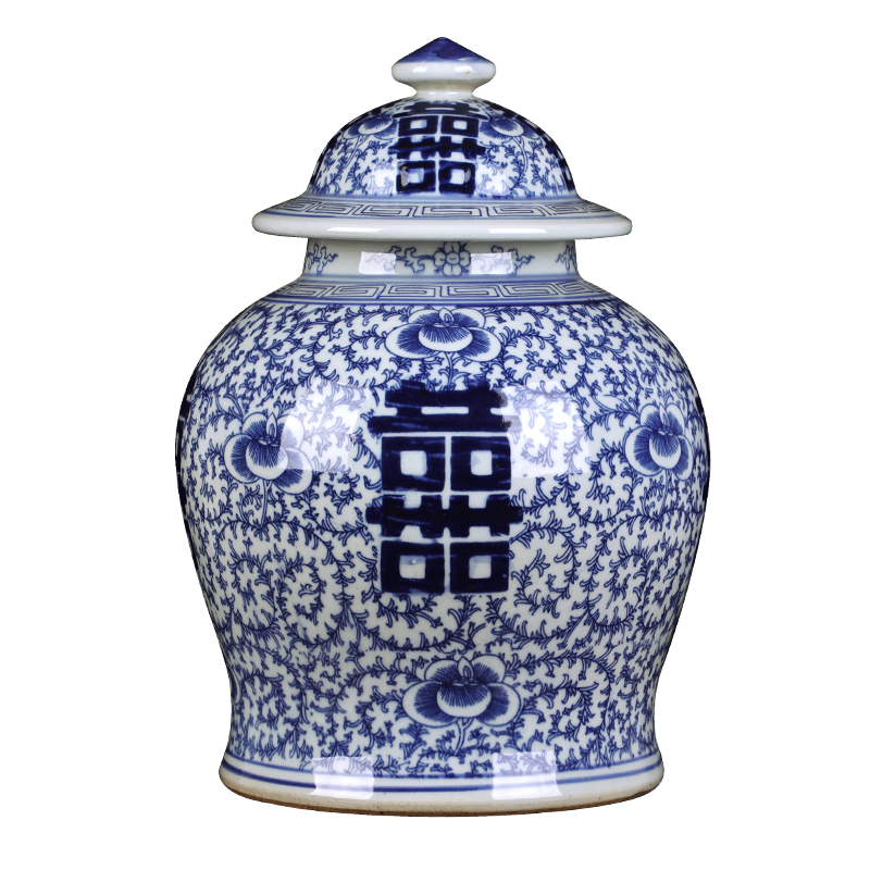 Jingdezhen blue and white happy character vase home sitting room adornment of blue and white porcelain tea storage Chinese ceramic furnishing articles