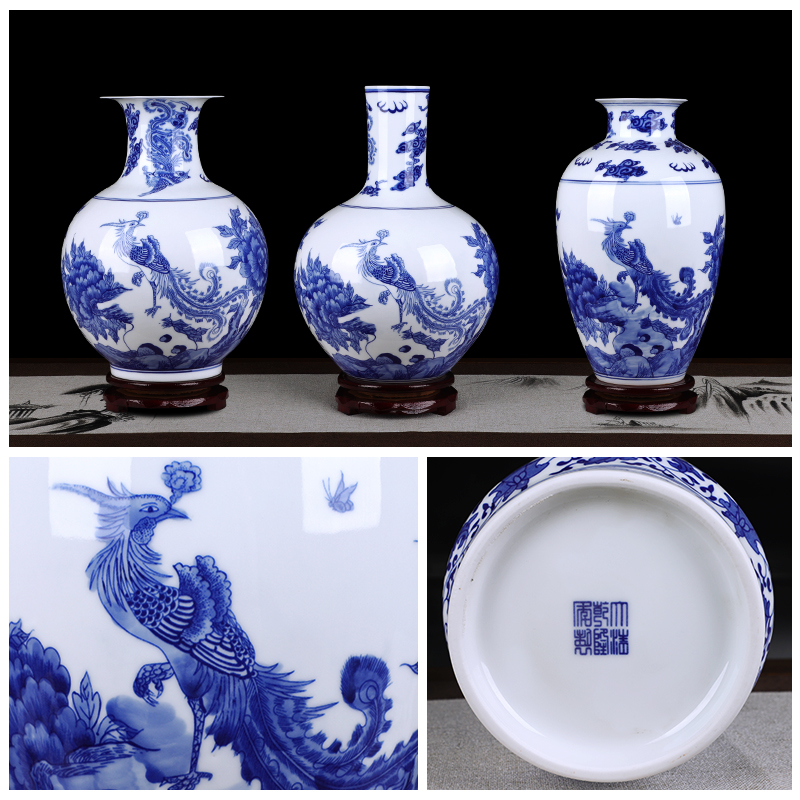 Jingdezhen ceramics hand - made of blue and white porcelain vase phoenix peony Chinese style household desktop sitting room adornment is placed