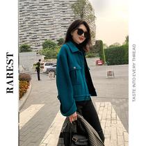 Rrest independent design DU home dyeing-peacock blue small fragrant wind Vintage tweed wool jacket
