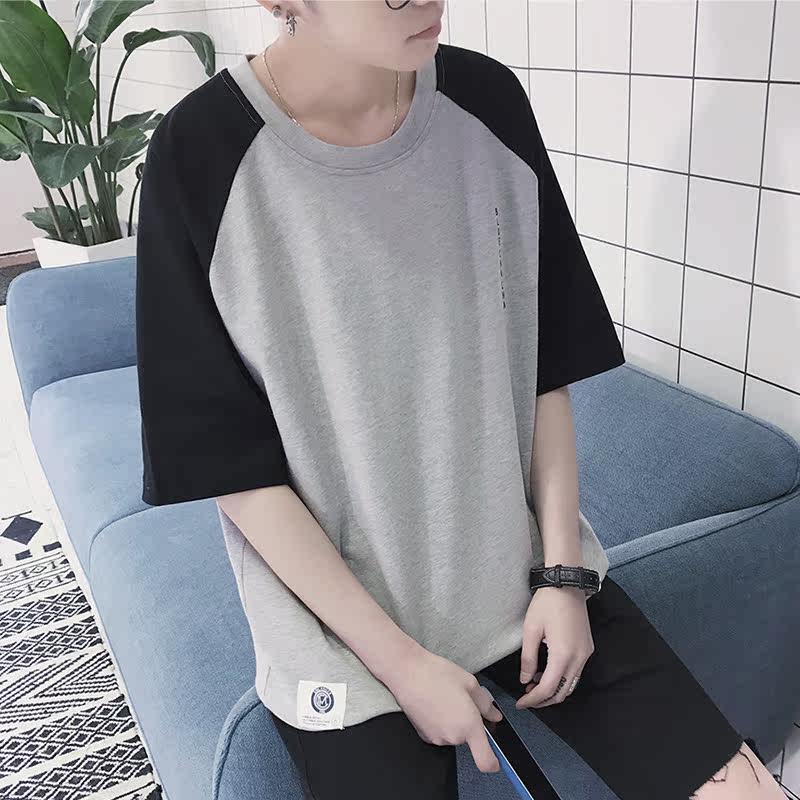 夏季林弯弯les帅t潮男宽松撞色印花圆领短袖t恤青少年时尚半截袖t