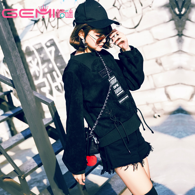 gemi新秋季套头衫卫衣黑色女生酷酷衣服女装韩版潮酷绑带上衣外套