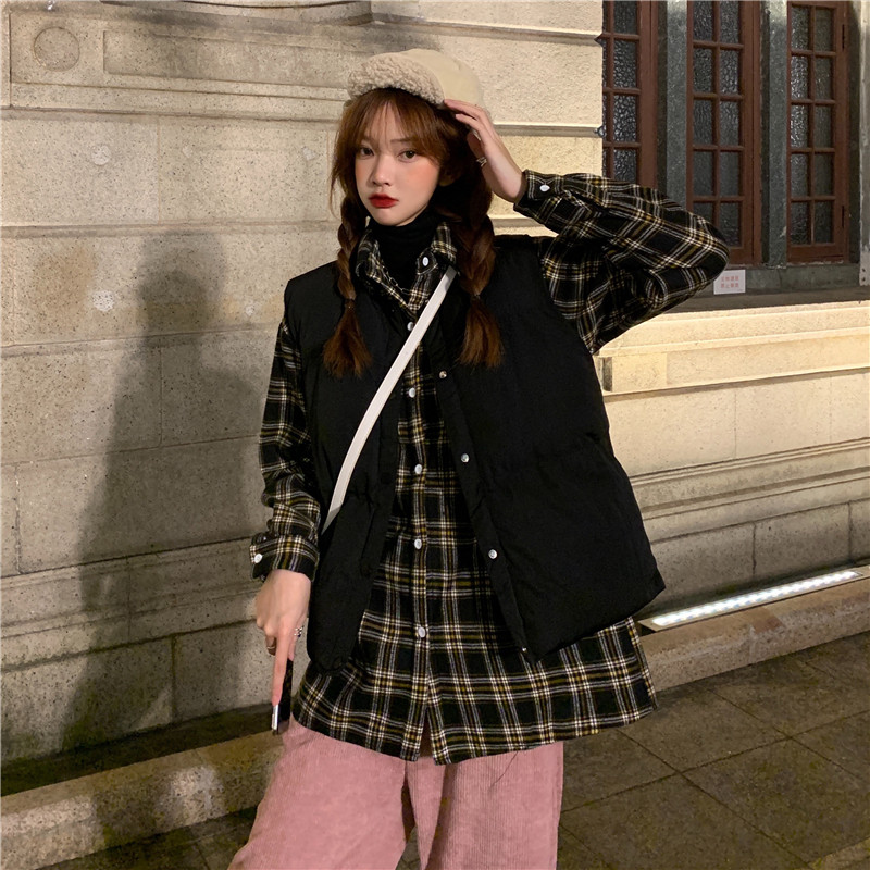 实拍实价#宽松复古格子加绒加厚长袖衬衣 棉马甲两件套学生