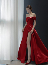 One-shoulder red bridal wedding dress thin simple satin toast dress Back door engagement dinner art examination dress