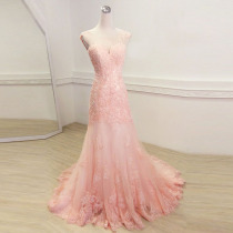 Pink one-word shoulder fishtail evening dress long dress fashion halter bridal wedding toast dress tail 2021 new