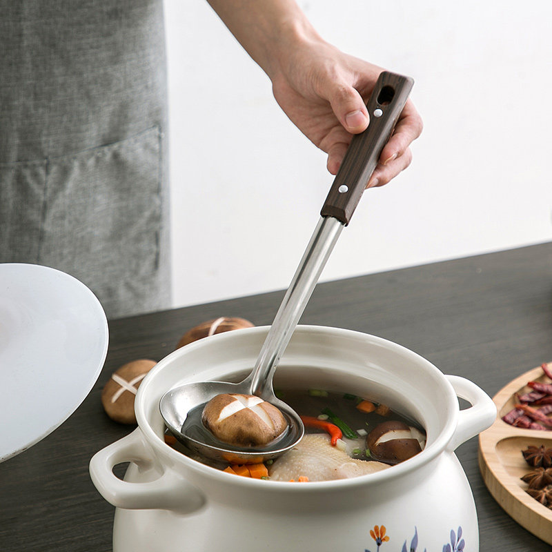 anti scalding handle, wood grain stainless steel spatula, leaky spoon, soup spoon, domestic kitchen, long handle, kitchen utensil, spoon, cooking spatula