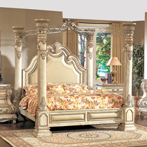 Mi Mi Furniture Eurostyle Luxury Roman Pillar Bed Emperor Bed Vintage American Four Columns Solid Wood Double Bed Genuine Leather