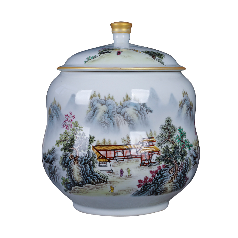 Jingdezhen ceramic new Chinese style pastel landscape caddy fixings furnishing articles home sitting room decorates the storage tank is large