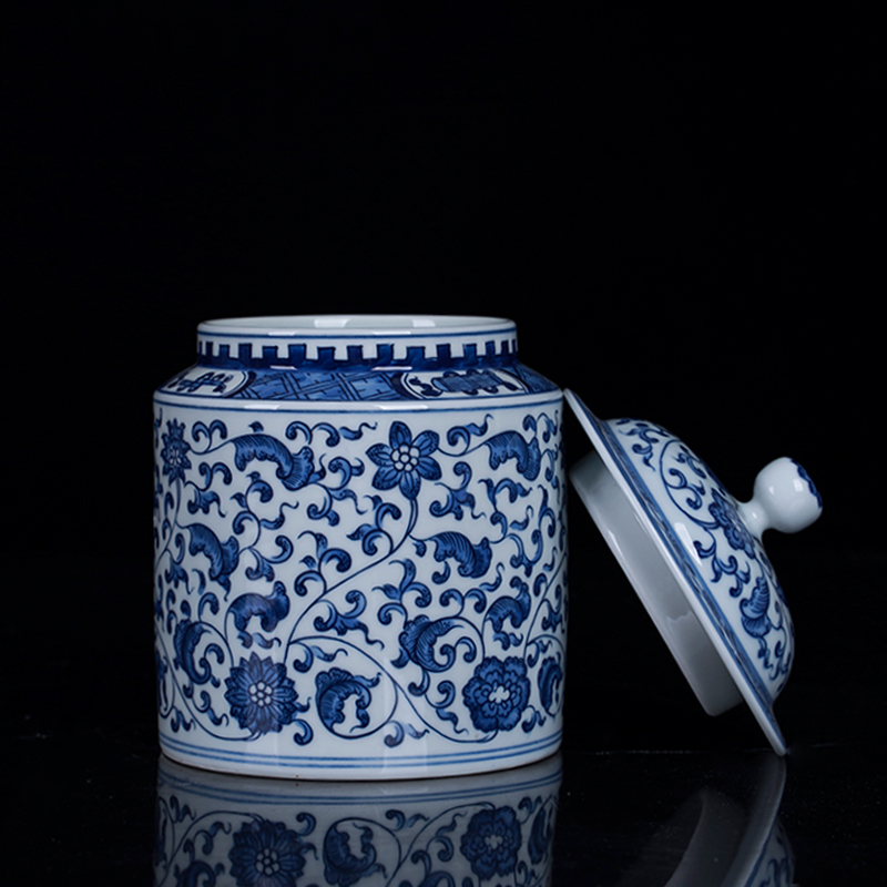 Blue and white porcelain of jingdezhen ceramics bound lotus flower tea pot large cake puer tea loose tea storage tank, the seventh, peulthai the furnishing articles