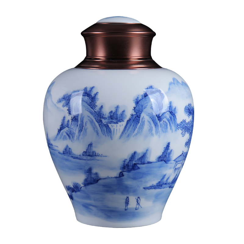 I and contracted scenery of blue and white porcelain of jingdezhen ceramics caddy fixings loose tea tea tea storage tank furnishing articles